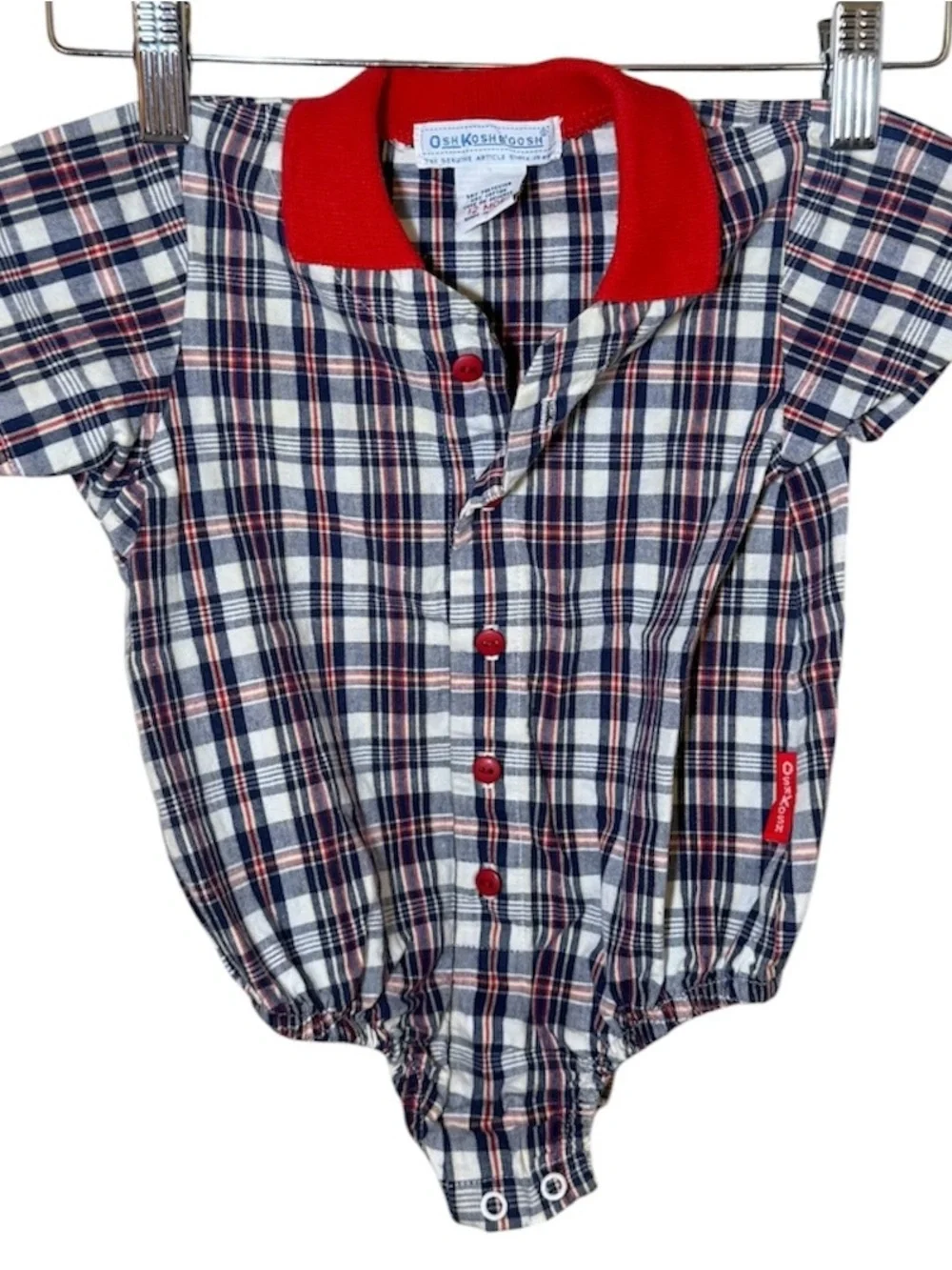 Vintage OshKosh BGosh Baby Boy Plaid Romper Bodysuit Red Collar Snap Crotch